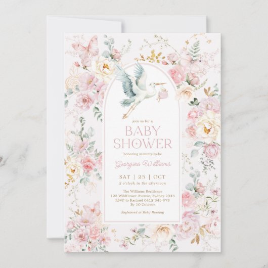 Spring Pastel Roze Ooievaar Wildflower Baby shower Kaart (Voorkant)