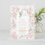 Spring Pastel Roze Ooievaar Wildflower Baby shower Kaart (Staand voorkant)