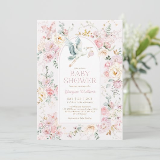 Spring Pastel Roze Ooievaar Wildflower Baby shower Kaart (Staand voorkant)