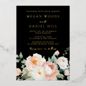 Spring Peach Blush & Black Floral Wedding Gold Folie Uitnodiging (Voorkant)