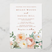 Spring Peach White Blush Bloemen Huwelijk Roos Gol Folie Uitnodiging (Voorkant)