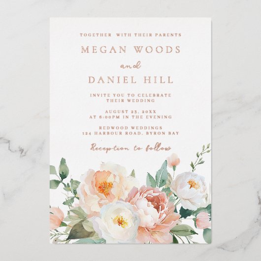 Spring Peach White Blush Bloemen Huwelijk Roos Gol Folie Uitnodiging (Voorkant)