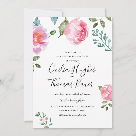 Spring Peony Floral Wedding Invitation Kaart (Voorkant)