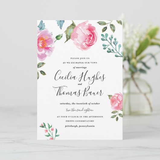 Spring Peony Floral Wedding Invitation Kaart (Staand voorkant)