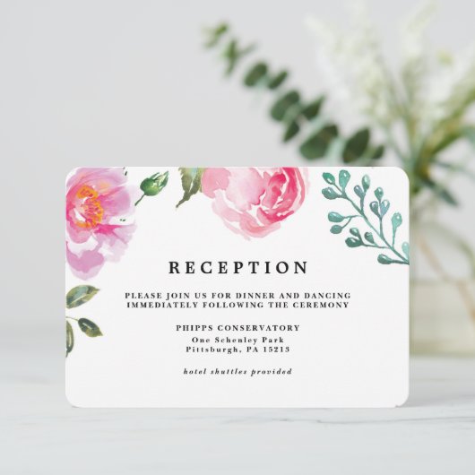 Spring Peony Floral Wedding Reception Card Kaart (Staand voorkant)