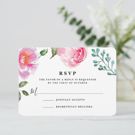 Spring Peony Floral Wedding Reply Card RSVP Kaartje (Staand voorkant)