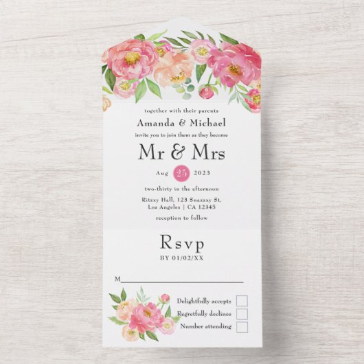 Spring Peony Flower Wedding All In One Uitnodiging (Binnen)