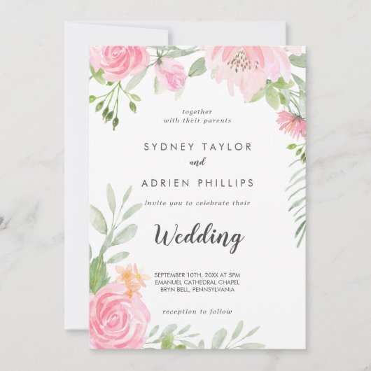Spring Peony Front and Back Wedding Invitation Kaart (Voorkant)