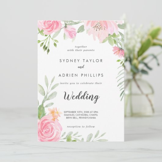 Spring Peony Front and Back Wedding Invitation Kaart (Staand voorkant)