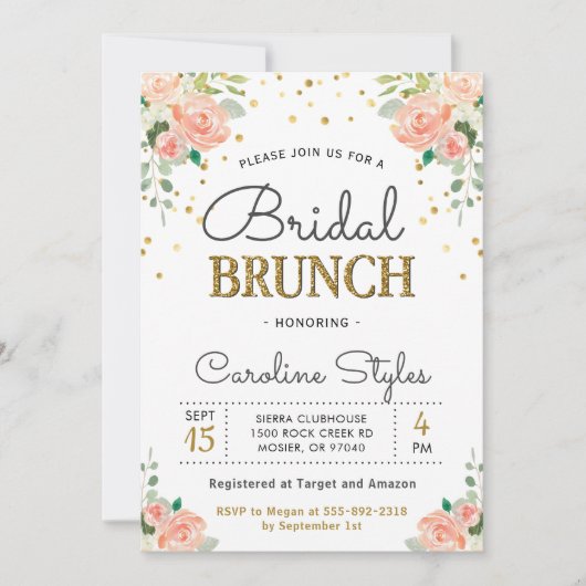 Spring Peony Gold Glitter Elegant Bridal Brunch Kaart (Voorkant)
