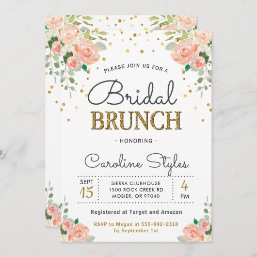 Spring Peony Gold Glitter Elegant Bridal Brunch Kaart (Voorkant / Achterkant)