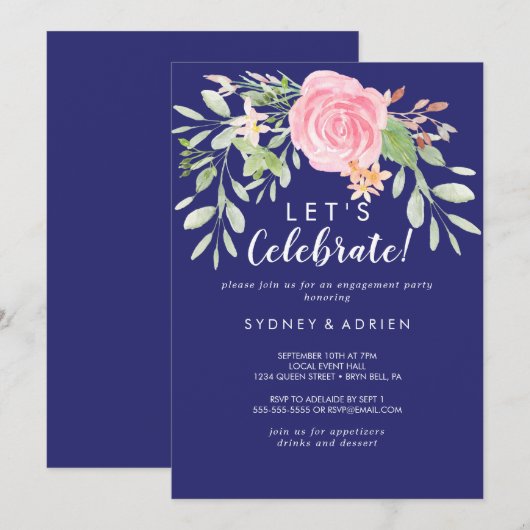 Spring Peony Navy Let's Celebrate Party Invitation Kaart (Voorkant / Achterkant)
