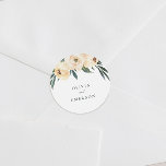 Spring Peony Wedding Stickers. Ronde Sticker<br><div class="desc">Creëer uw eigen douaneSpring Peony Wedding Stickers die deze sjablonen gebruiken door Cali Graphics. Dit elegante trouwontwerp bevat uw aangepaste namen die zijn gemaakt door rozen en bladeren van de waterverf. Pas deze stickers aan door op "Personalize"te klikken en jouw tekst in de dozen van de sjabloon in te gaan....</div>