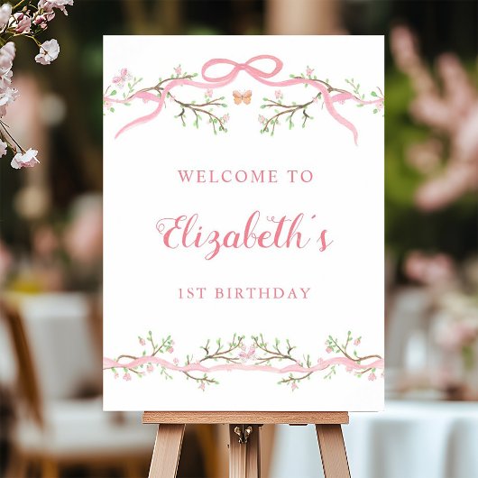 Spring Pink Blossom 1st Birthday Welcome Sign Poster