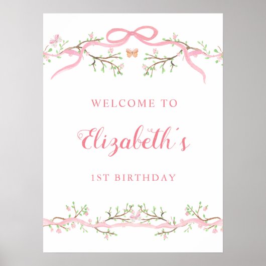 Spring Pink Blossom 1st Birthday Welcome Sign Poster (Voorkant)