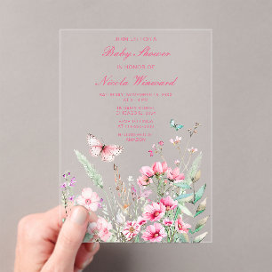 Spring Pink Butterfly Floral Baby shower Acryl Uitnodigingen