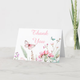 Spring Pink Butterfly Floral Baby shower Bedankkaart