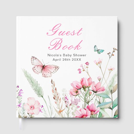 Spring Pink Butterfly Floral Baby Shower Gastenboek (Voorkant)