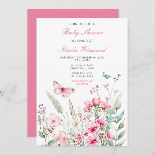 Spring Pink Butterfly Floral Baby shower Kaart (Voorkant / Achterkant)