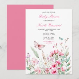 Spring Pink Butterfly Floral Baby shower Kaart