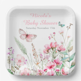 Spring Pink Butterfly Floral Baby shower Papieren Bordje