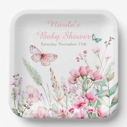Spring Pink Butterfly Floral Baby shower Papieren Bordje (Voorkant)