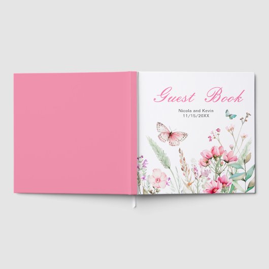 Spring Pink Butterfly Floral Wedding Gastenboek (Volledig)