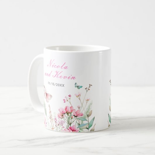 Spring Pink Butterfly Floral Wedding Koffiemok (Voorkant links)