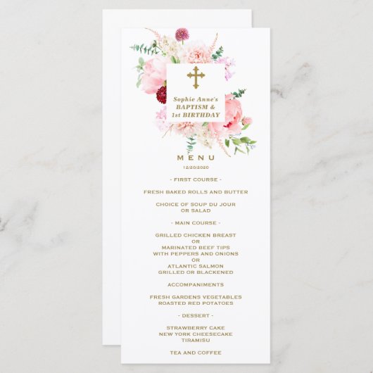 Spring Pink Floral 1st Birthday & Baptisme Menu (Voorkant / Achterkant)