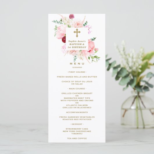 Spring Pink Floral 1st Birthday & Baptisme Menu (Staand voorkant)