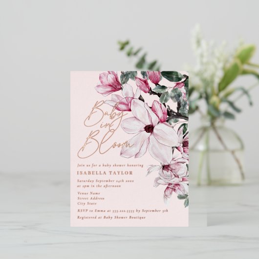 Spring Pink Floral Girl Roos Gold Baby shower Folie Uitnodiging Briefkaart (Staand Voorkant)