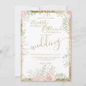 Spring Pink floral gold border chic white bruiloft Kaart (Voorkant)