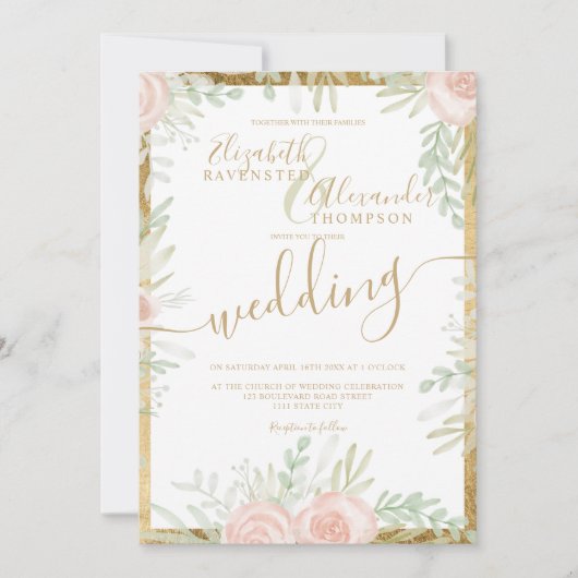 Spring Pink floral gold border chic white bruiloft Kaart