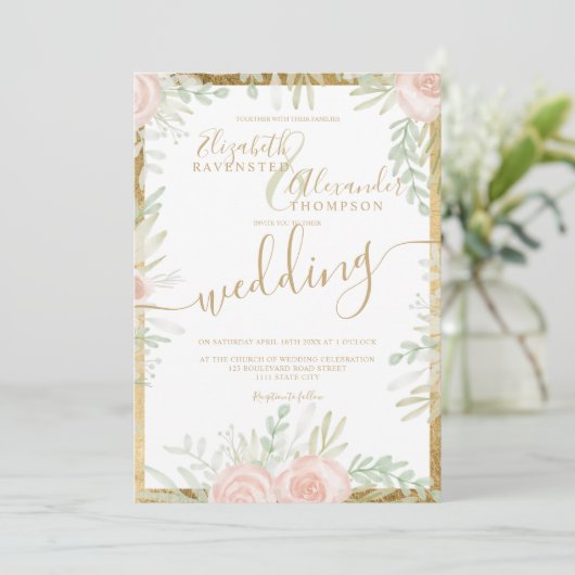 Spring Pink floral gold border chic white bruiloft Kaart (Staand voorkant)