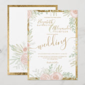 Spring Pink floral gold border chic white bruiloft Kaart (Voorkant / Achterkant)
