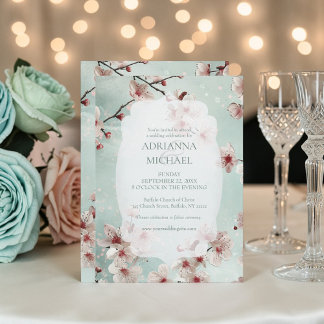 Spring Pink Floral on Teal Wedding Invitation Kaart