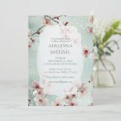 Spring Pink Floral on Teal Wedding Invitation Kaart (Staand voorkant)