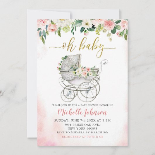 Spring Pink Floral Stroller Baby shower Uitnodigin Kaart (Voorkant)