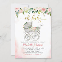 Spring Pink Floral Stroller Baby shower Uitnodigin