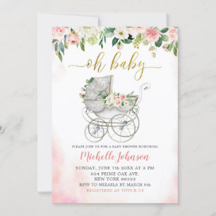 Spring Pink Floral Stroller Baby shower Uitnodigin Kaart