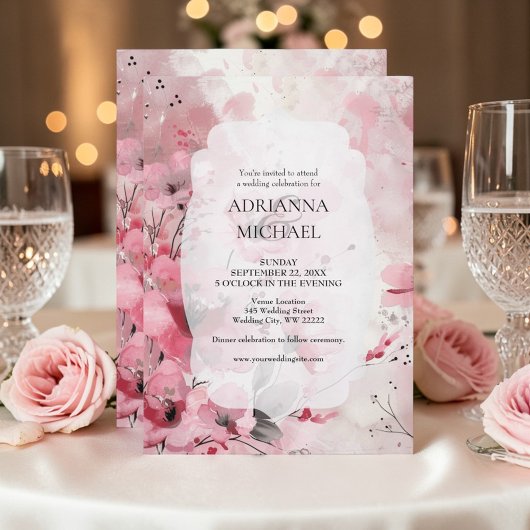 Spring Pink Floral Wedding Invitation Kaart