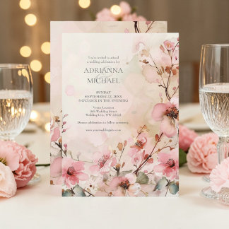 Spring Pink Floral Wedding Invitation Kaart
