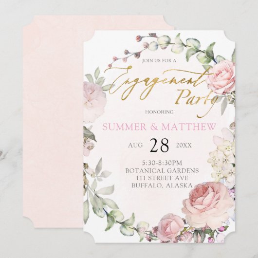 Spring Pink Roses Peony Gold Foil Engagement Party Kaart (Voorkant / Achterkant)