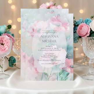 Spring Pink & Teal Floral Wedding Invitation Kaart