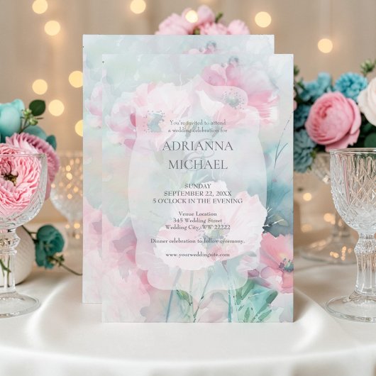 Spring Pink & Teal Floral Wedding Invitation Kaart