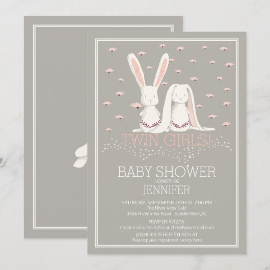  Spring Pink TWIN Meisjes Bunny Baby shower Kaart (Voorkant / Achterkant)