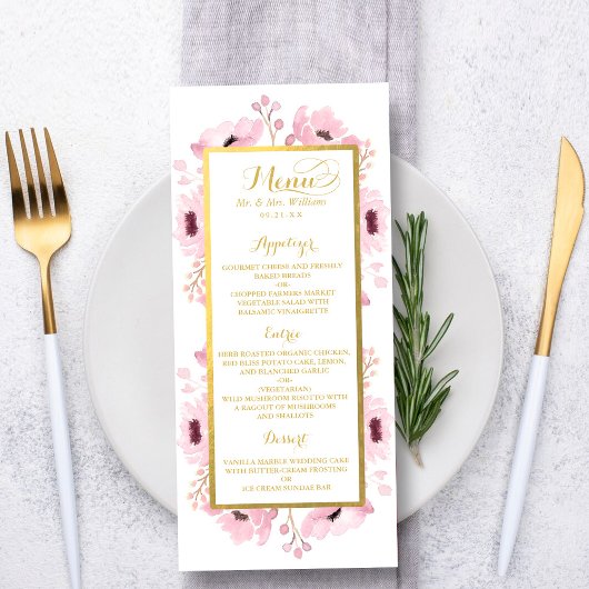 Spring Pinks Waterverf Bloemen Trouwmenu Reclamekaart