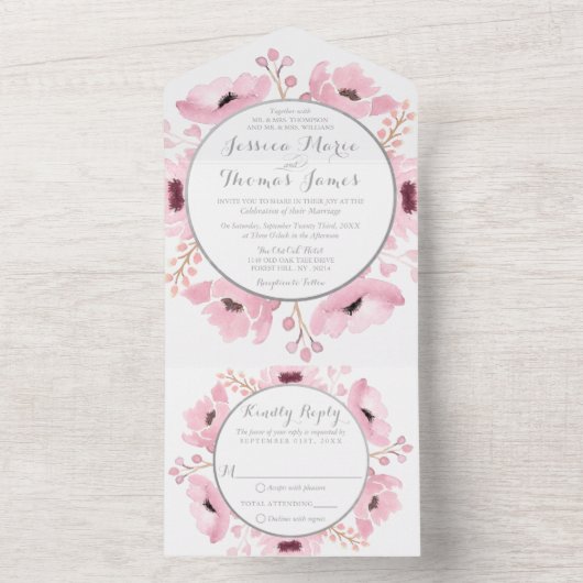 Spring Pinks Waterverf Floral Wedding Collectie All In One Uitnodiging (Binnen)