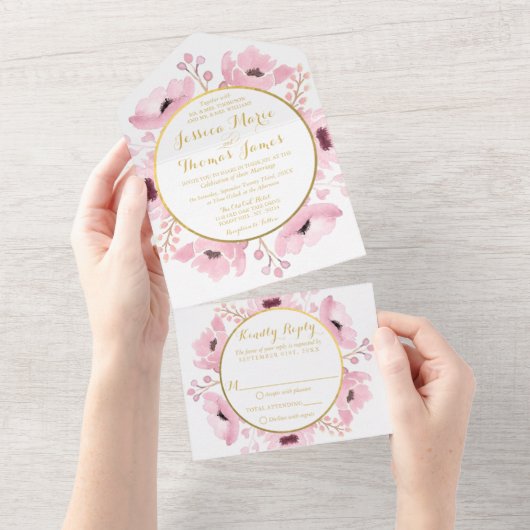 Spring Pinks Waterverf Floral Wedding Collectie All In One Uitnodiging (Afscheurbaar)