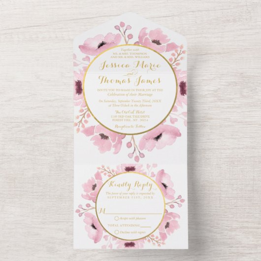 Spring Pinks Waterverf Floral Wedding Collectie All In One Uitnodiging (Binnen)